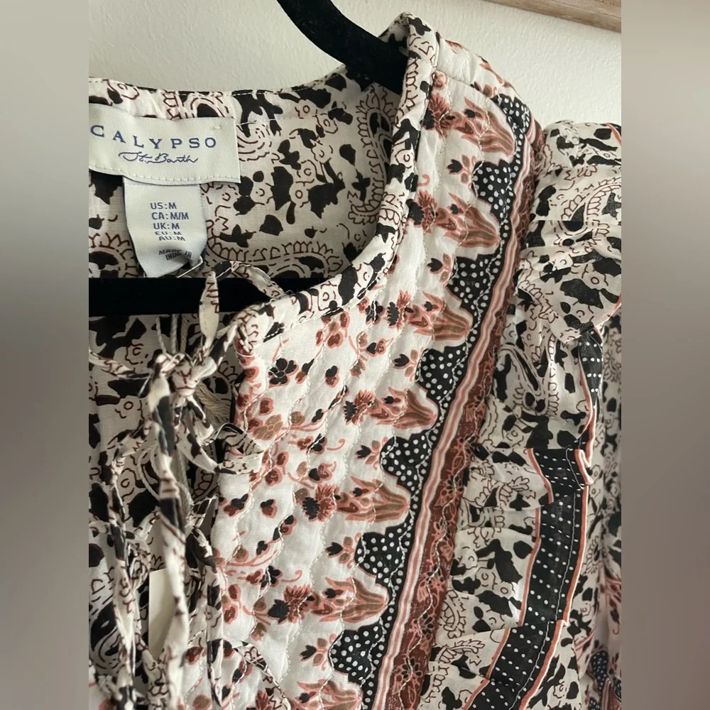 Calypso St. Barth Cream Blouse with Rust and Black Paisley Print - Picture 4 of 8